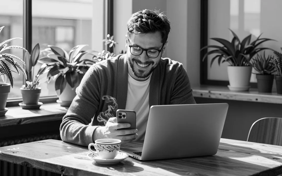 man reading something on his phone and drinking coffee